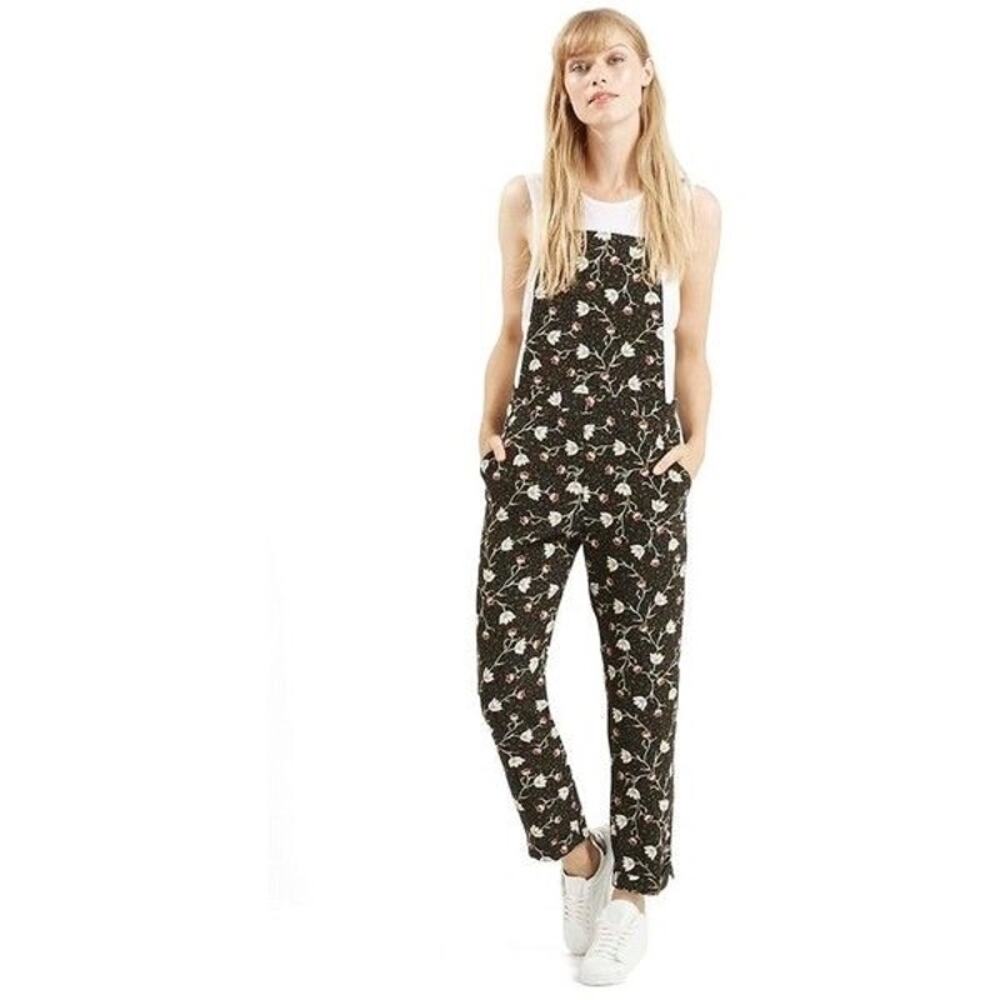 TopShop Floral Vining Dungarees Overalls Whimsigoth Jumpsuit SZ 4 Petite
